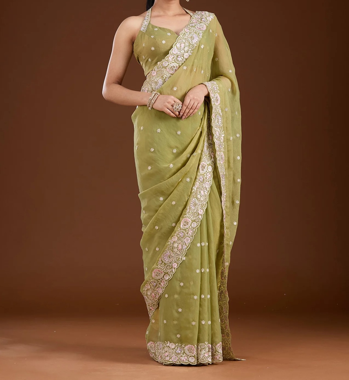 Pista Green Threadwork Tissue Saree